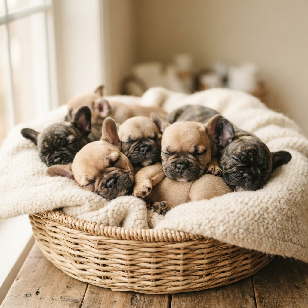 Camada de cachorros de Bulldog Francés TALAURI descansando en una cesta